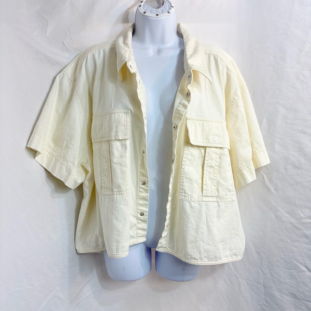 Tanya Taylor 3X Ivory Cropped Utility Jacket Short Sleeve Button Front